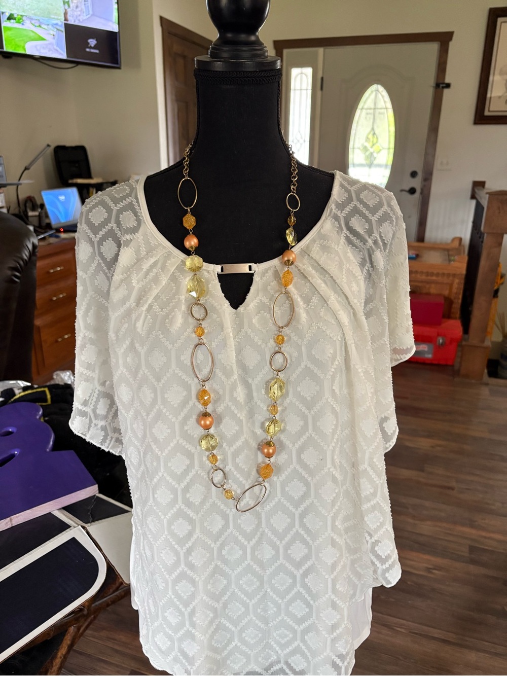 Long Gold-Tone Necklace with Amber and Citrine Beads 21 inches